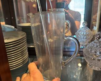 Glass Martini pitcher and glass stirring rod for those who like it “Stirred;not shaken.” Like 007