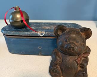 Antique Brass Sleigh Bell, Early Metal Safe Box, and Antique Cast Iron Bear Bank