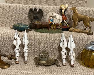 Vintage Amber Glass Humidor with Etching of Golfer along with a Doorstop Collection, a Folk Art Turtle Spearing Decoy, and Victorian Brass Inkwell with Well & Cover, and more...