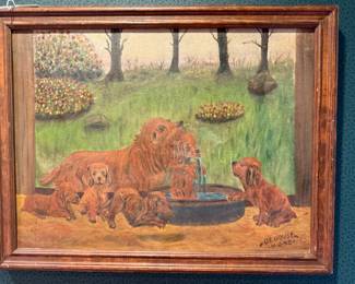"Bathing the Puppies" Doust C.1948- Oil on Canvas