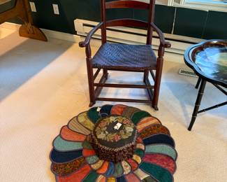 Old Rocker (C. 1820) with Original Red Paint and Woven Splint Seat, Hand Made Rug, and Vintage Foot Stool made from Old Thread Spools