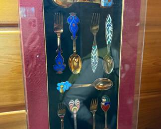 Vintage gilded sterling/enamel spoons by Danish goldsmith A. Michelsen