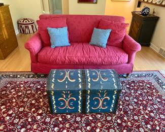 Hand Painted Domed Trunk, Couch, and Large Rug