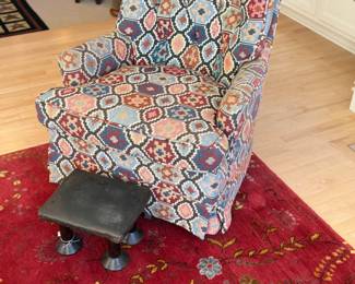 Wonderful Chair, Large Rug, Small Vintage Footrest with Leather Top and Spool Legs