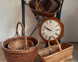 Metal Sewing Machine Stand, Baskets, Clock