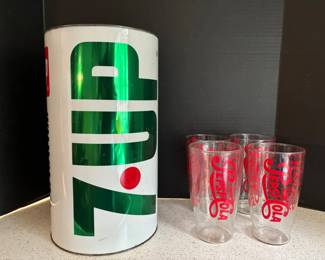 Vintage PepsiCola Glasses 4, 7UP Trash Can 