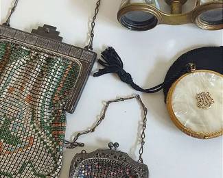 Antique Mother Of Pearl Binoculars, Makeup Compacts, Mesh Purses