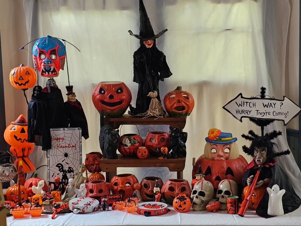 Some of the 175 Assorted lots of Vintage Halloween! Vintage and Antique Paper Mache Jack o" Lanters and Candy Containers, signs and decorative novelties.