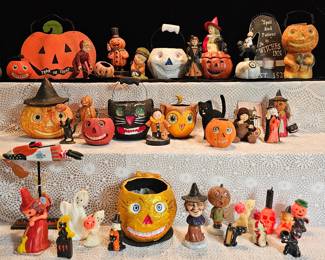 Many pieces of Bethany Lowe, Dept. 56, Gurley Candles, US Toy Co. & T. Cohn Tin Noisemakers. 