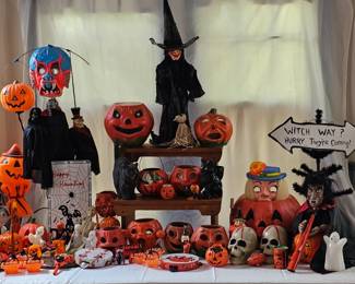Some of the 175 Assorted lots of Vintage Halloween! Vintage and Antique Paper Mache Jack o" Lanters and Candy Containers, signs and decorative novelties.