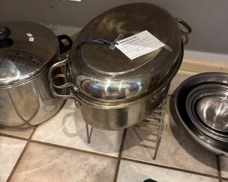 large roasters pan just in time for the holiday's Kitchen full of items!!! mixing bowls, Christmas dishes and serving items, air fryer, mixers, toasters, cooking pans, glassware, China dishes and lots more