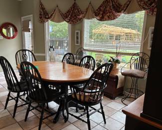 Table with 6 chairs   Barstool. Round mirror    window treatment is also for sale 