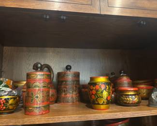 Large Collection of Russian Khokhloma Lacquerware Pieces