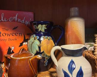 Japanese Ceramic Jug with Leaf Design, Williamsburg Pottery Salt Glazed Cream with Blue Leaf Design Jug