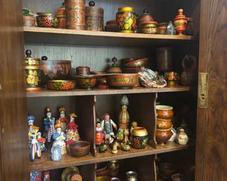 Large Collection of Russian Khokhloma Lacquerware Pieces, Russian Dymkovo Folk Art Clay Figurines