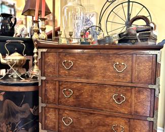 Lane Burlwood Three-Drawer Chest with Asian-Inspired Brass Hardware
