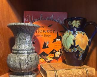 Carved Stone Vase, Japanese Ceramic Jug with Leaf Design