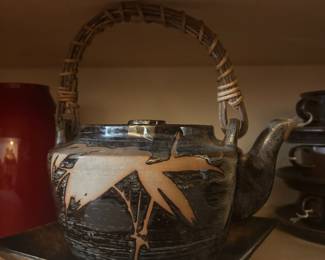 Asian Style Black Stoneware Teapot with Bamboo Design