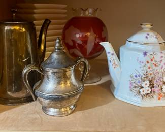 National Silver On Copper Lidded Sugar Bowl, Etched Cranberry Glass Pedestal Ball Vase, Japanese Floral Porcelain Teapot