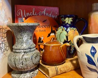 Carved Stone Vase, Japanese Ceramic Jug with Leaf Design, Williamsburg Pottery Salt Glazed Cream with Blue Leaf Design Jug