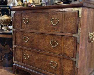 Lane Burlwood Three-Drawer Chest with Asian-Inspired Brass Hardware
