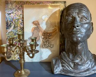 1982 The Gift Of The Magi Book by O Henry Lisbeth Zwerger, 5-Arm Brass Candlestick Holder, Male Bust Sculpture