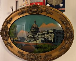 1916 US Capitol Building Oval Reverse Painted with Convex Bubble Frame
