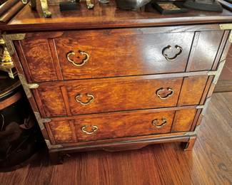 Lane Burlwood Three-Drawer Chest with Asian-Inspired Brass Hardware
