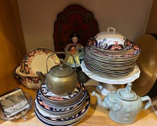 Royal Crown Derby English China Dinnerware Set, Etched Brass Teapot, Pier 1 Green Glaze Elephant Teapot