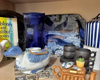 Japanese Blue Koi Fish & Lotus Platter, Chinese Blue & White Hand-Painted Porcelain Duck Tea Pot