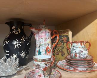 Black Market Bazaar Black/White Ceramic Pitcher, Japanese Eggshell Porcelain Kutani Geisha Tea Set