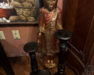 Mandalay Style Burmese Standing Buddha Statue, Set of 3 Rustic Black Pillar Candle Holders