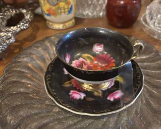 Hand Painted Black & Floral Design Tea Cup & Saucer