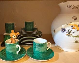 Neiman Marcus Green Malachite Porcelain Demitasse Tea Cup & Saucer Set, Bread & Butter Plates, Décors Moustiers XVIIIeme Pitcher – Made in France