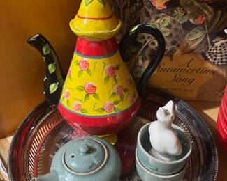 Asian Kyusu Style Celadon Crackle Glaze Side Handle Teapot with 2 Cups