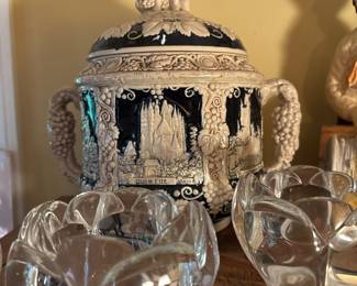 German Stoneware Lidded Punch Bowl, Pair of Glass Lotus Votive Holders