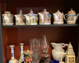 Sadler Teapots, Cast Iron Amish Couple Figurines, French Faience Candlestick, German Hand Painted Folk Dancer Candle, Glass Oil Lamp, Blue & Purple Iridescent Handkerchief Glass Vase, Big Ben Ceramic Teapot