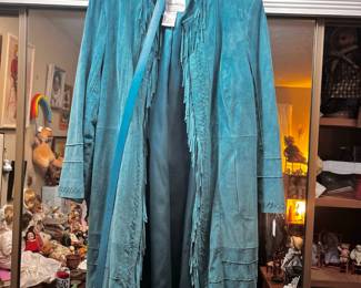 Pamela McCoy Teal Fringe Suede Leather Coat
