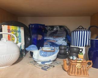 Japanese Blue Koi Fish & Lotus Platter, Chinese Blue & White Hand-Painted Porcelain Duck Tea Pot