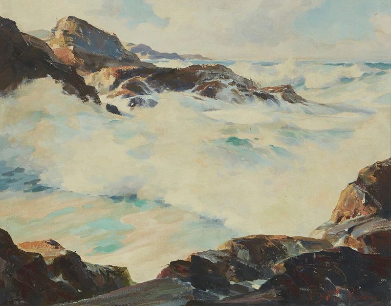 1001
Bennett Bradbury
(1914-1991)
"Breakers Points"
Oil on canvas
Signed lower right: Bennett Bradbury; signed again, titled, and numbered "#T321," all verso
22" H x 28" W
Estimate: $700 - $900