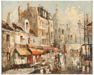 1156
20th Century French School
Montmartre street scene, Paris, 1968
Oil on canvas
Signed and dated lower right: Mori 68; dated and inscribed in blue ink verso: Paris / 1968
8.75" H x 10.75" W
Estimate: $100 - $200