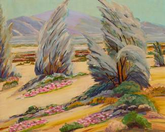 1078
20th Century California School
Desert landscape
Oil on canvas
Signed lower left: R. Morrison; signed again verso
24" H x 28" W
Estimate: $300 - $500
