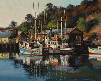 1019
Filastro Mottola
(1915-2008)
"Fishing Boats on Noyo Bay"
Oil on Masonite
Signed lower right: Mottola; titled faintly in ink on an artist's label affixed verso
16" H x 20" W
Estimate: $400 - $600