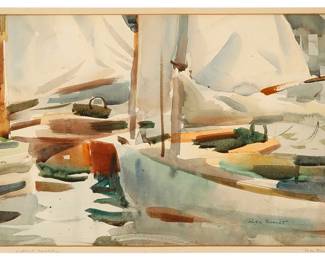 1016
Rex Brandt
(1914-2000)
"Catboat Convention"
Watercolor on paper
Signed lower right: Rex Brandt; signed again and titled in pencil along the lower edge of the overmat
Sight: 10" H x 16" W
Estimate: $300 - $500