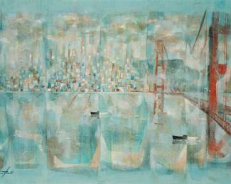 1168
Raymond Howell
(1927-2002)
San Francisco skyline with the Golden Gate Bridge
Oil on Masonite
Signed lower left: Raymond Howell
24" H x 36" W
Estimate: $800 - $1,200