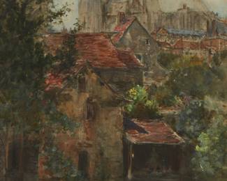 1154
Francis Hopkinson Smith
(1838-1915)
Chartres Cathedral from across the L'Eure River
Gouache and watercolor on paper
Signed lower right: F. Hopkinson Smith
Sight: 28" H x 19" W
Estimate: $600 - $800