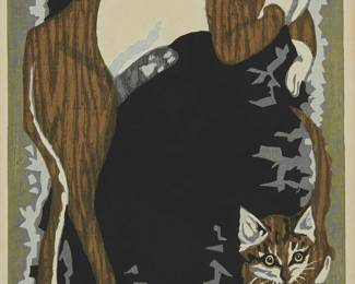 1250
Jun'ichiro Sekino
(1914-1988)
Cats, 1960
Woodcut in colors on Japanese paper
Edition: 41/100
Signed in white ink in the lower right corner of the image: J. Sekino; with a red ink chop mark in the same area; dated "1960" and numbered in pencil in the lower margin
Image: 14.875" H x 10" W; Sight: 15.625" H x 10.75" W
Estimate: $300 - $500
