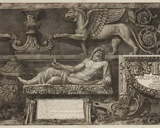 1198
Giovanni Battista Piranesi
(1720-1778)
Left-half of the title page for "Vasi Candelabri Cippi Sarcofagi Tripodi, Lucerne ed Ornamenti Antichi," 1778
Etching on paper
From the edition of unknown size and date
With a portion of the artist's name, title, and date etched in the plate
Plate: 19.25" H x 27.75" W; Sight: 19.75" H x 28.5" W
Estimate: $300 - $500