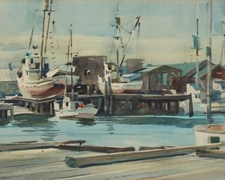 1015
Rex Brandt
(1914-2000)
"San Pedro"
Watercolor on paper
Signed and titled along the lower right and left corners, respectively: Rex Brandt; signed and titled again along the lower edge of the overmat
Sight: 16" H x 25.75" W
Estimate: $1,000 - $1,500