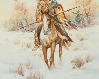 1087
Howard Rees
(b. 1941)
Native American on horseback in the snow
Watercolor on paper
Signed lower left: Howard Rees
Sight: 18.75" H x 12.75" W
Estimate: $200 - $300